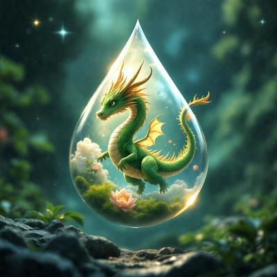 Primary subject: A green dragon with a pink flower in its mouth.

Setting/background: The dragon is surrounded by a forest, with a pond nearby.

Visual style: The image is a digital artwork.

Colors and mood: The dragon is predominantly green, and the pink flower adds a touch of color and warmth to the scene. The overall atmosphere is serene and magical.